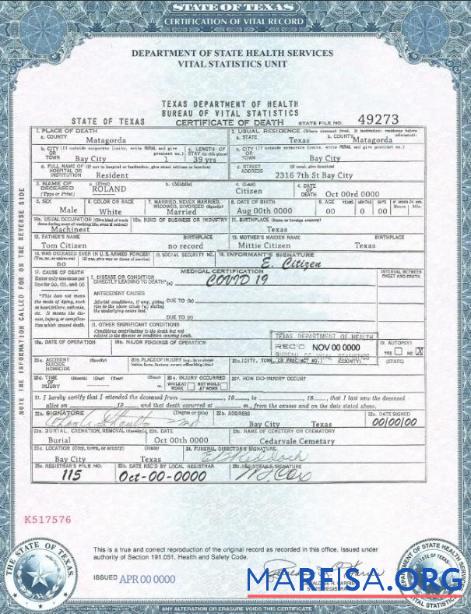 Printable USA Texas state death certificate template in PSD format, fully editable, version 2